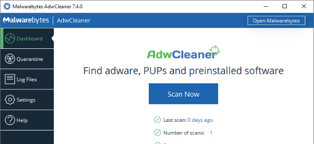 Antarmuka dasbor Malwarebytes AdwCleaner