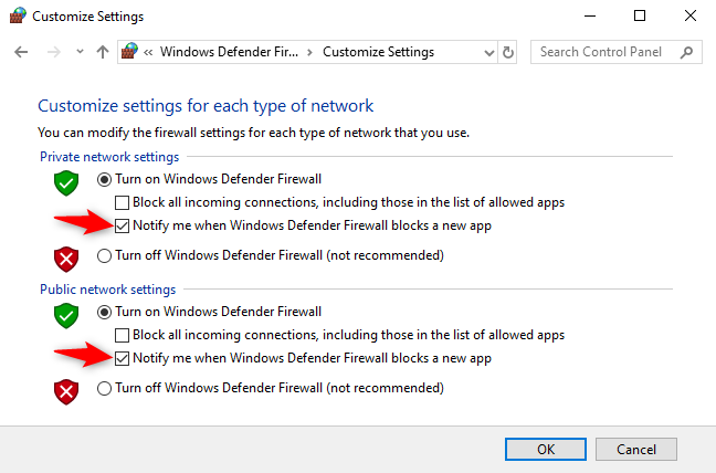 Hapus centang opsi "Beri tahu saya ketika Windows Defender Firewall memblokir aplikasi baru" di bawah Pengaturan Jaringan Pribadi dan Publik.