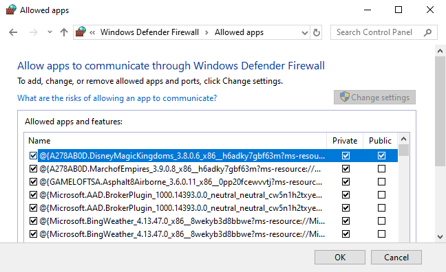 Daftar aplikasi yang diizinkan Windows Defender Firewall.