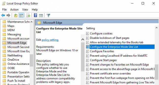 Mengonfigurasi daftar situs Mode Perusahaan di Windows 10.