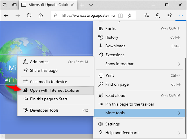 Membuka halaman web di Internet Explorer dari Microsoft Edge.