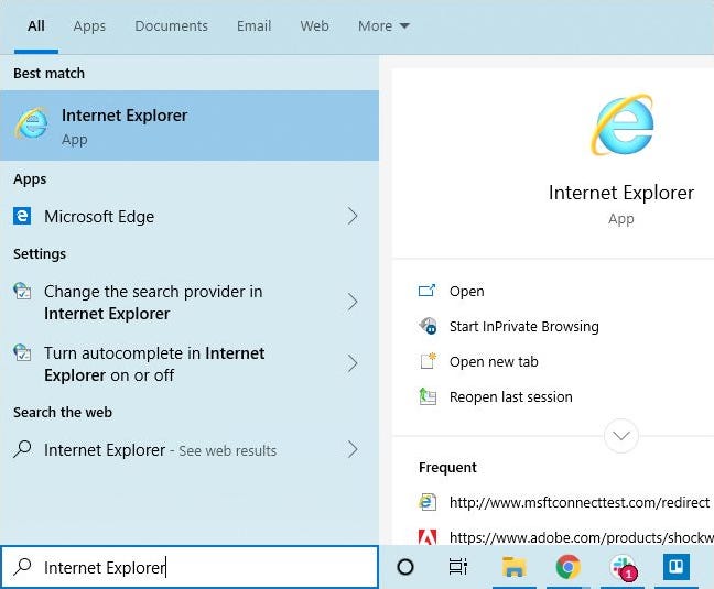 Meluncurkan Internet Explorer dari menu Start Windows 10.
