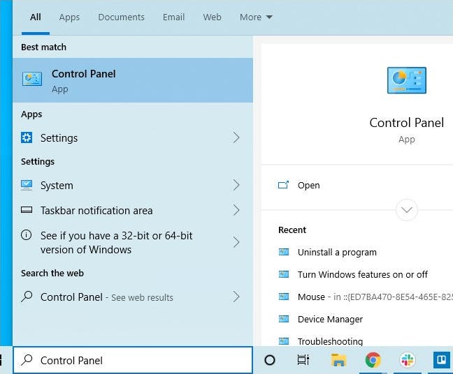 Meluncurkan Control Panel dari menu Start Windows 10