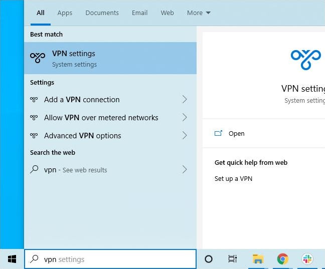 Mencari menu Mulai Windows 10 untuk pengaturan VPN