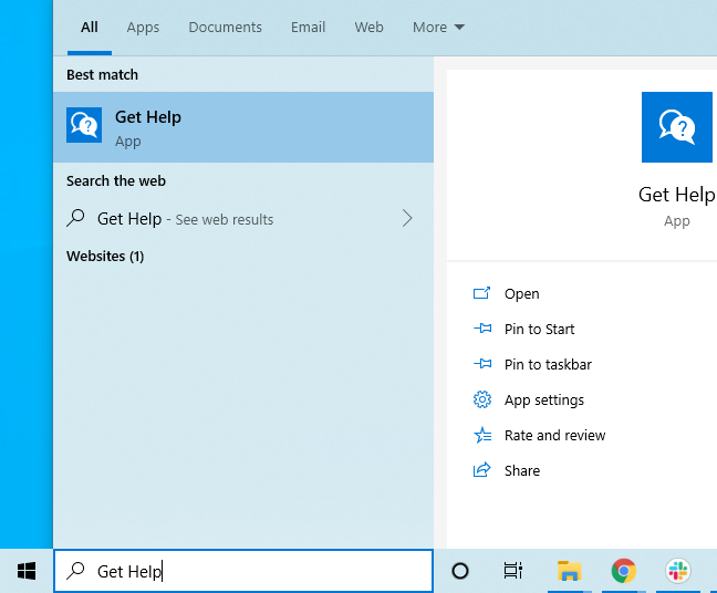 Mencari Dapatkan Bantuan di menu Mulai Windows 10
