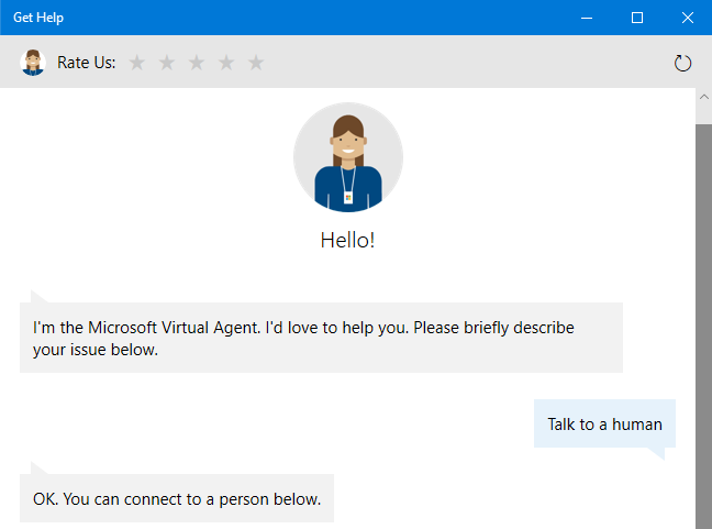 Meminta agen dukungan virtual untuk perwakilan manusia di Windows 10