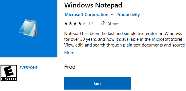 Windows Notepad tersedia untuk diunduh di Windows 10 Store.