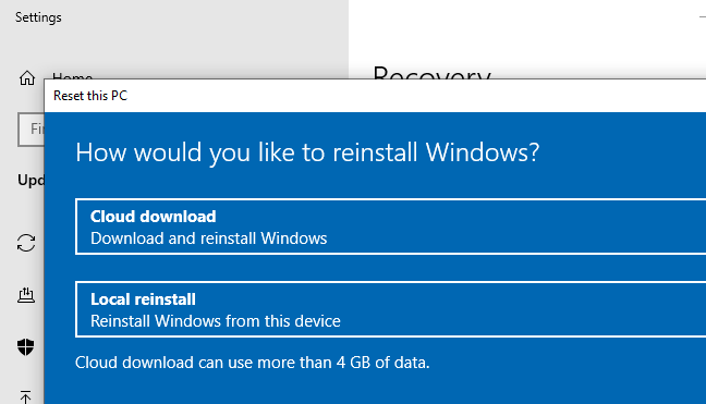 Opsi Unduhan Cloud untuk mengatur ulang (atau menginstal ulang) Windows 10.