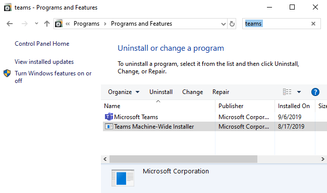 Menghapus Microsoft Teams melalui Control Panel.