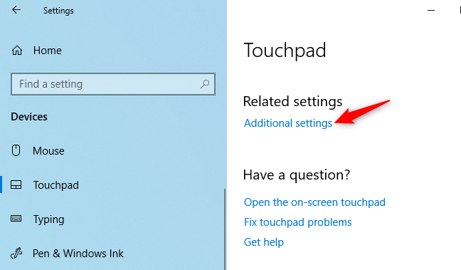 Membuka pengaturan touchpad tambahan pada Windows 10.