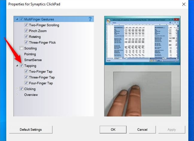 Menonaktifkan tap-to-click di jendela pengaturan touchpad Synaptics.