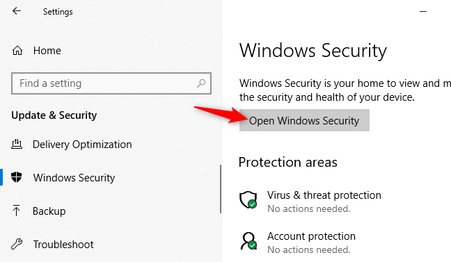 Membuka aplikasi Keamanan Windows dari Pengaturan Windows 10.