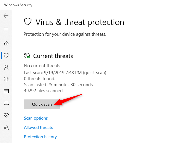 Memindai virus dan malware lainnya secara manual di Keamanan Windows.