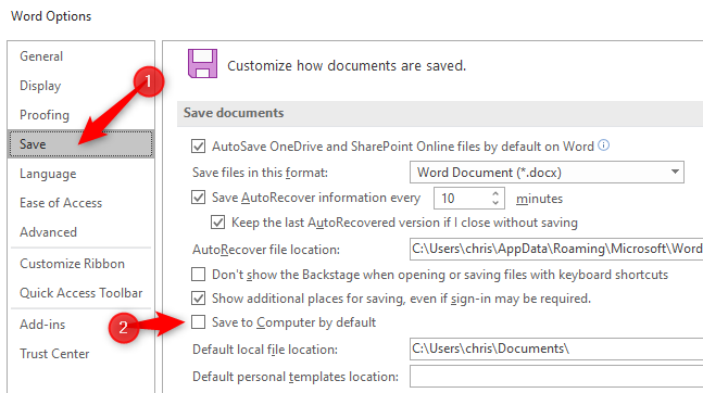 Menyimpan dokumen ke komputer lokal secara default di Microsoft Word.