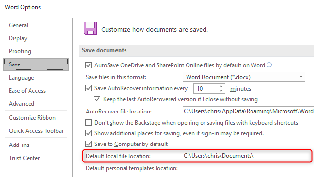 Memilih folder penyimpanan default untuk dokumen di Microsoft Word.
