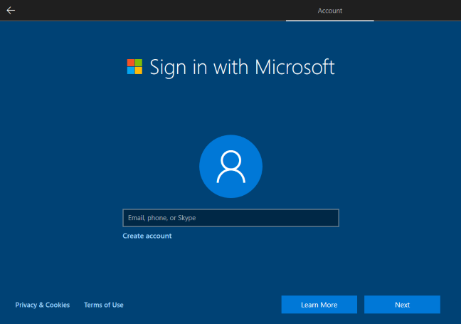 Windows 10 membutuhkan akun Microsoft untuk melanjutkan.