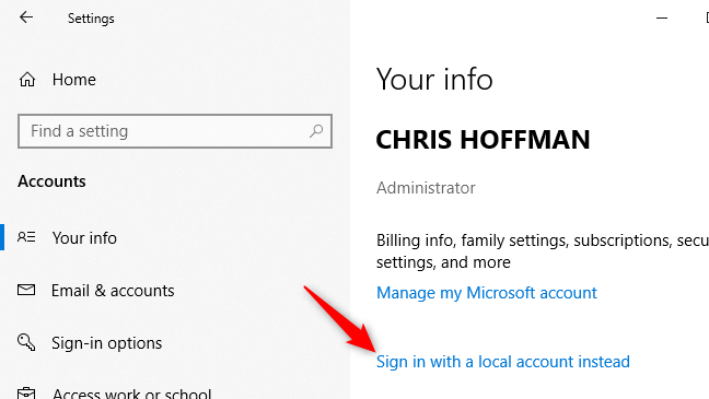 Mengonversi akun Microsoft ke akun lokal di Windows 10.