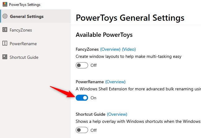 Mengaktifkan ekstensi shell PowerRename Windows di Pengaturan PowerToys.