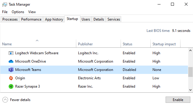 Menghentikan Microsoft Teams agar tidak dimulai secara otomatis di Pengelola Tugas.