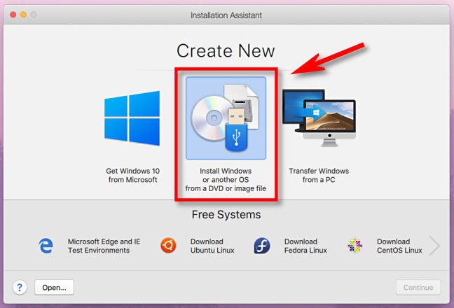Di Parallels, pilih "Instal Windows atau OS lain dari DVD atau file gambar" dan klik "Lanjutkan."