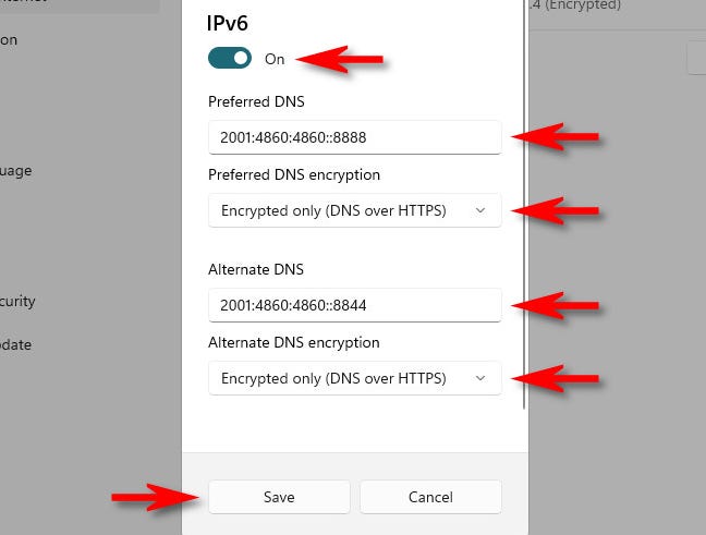 Tambahkan server DNS baru untuk IPv6 dan klik "Simpan."