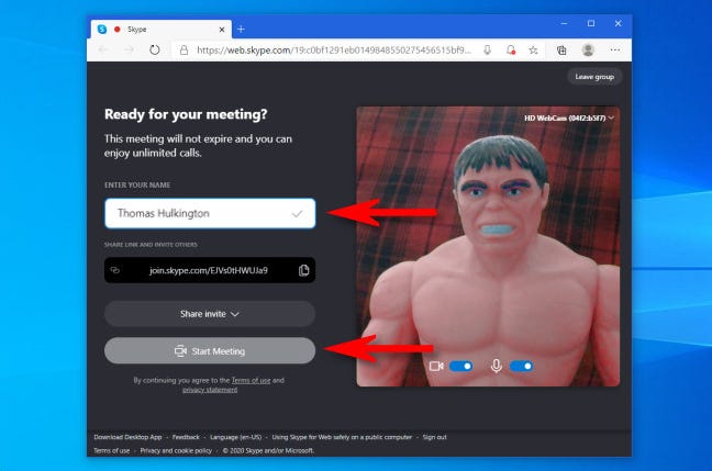 Di Skype "Meet Now," masukkan nama Anda lalu klik "Join a Meeting"