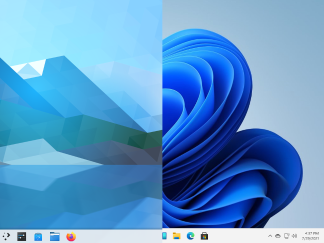 Perbandingan layar terpisah dari KDE Neon dan Windows 11, masing-masing.