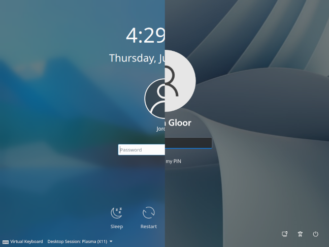 Perbandingan layar terpisah dari layar masuk KDE Neon dan layar masuk Windows 11.