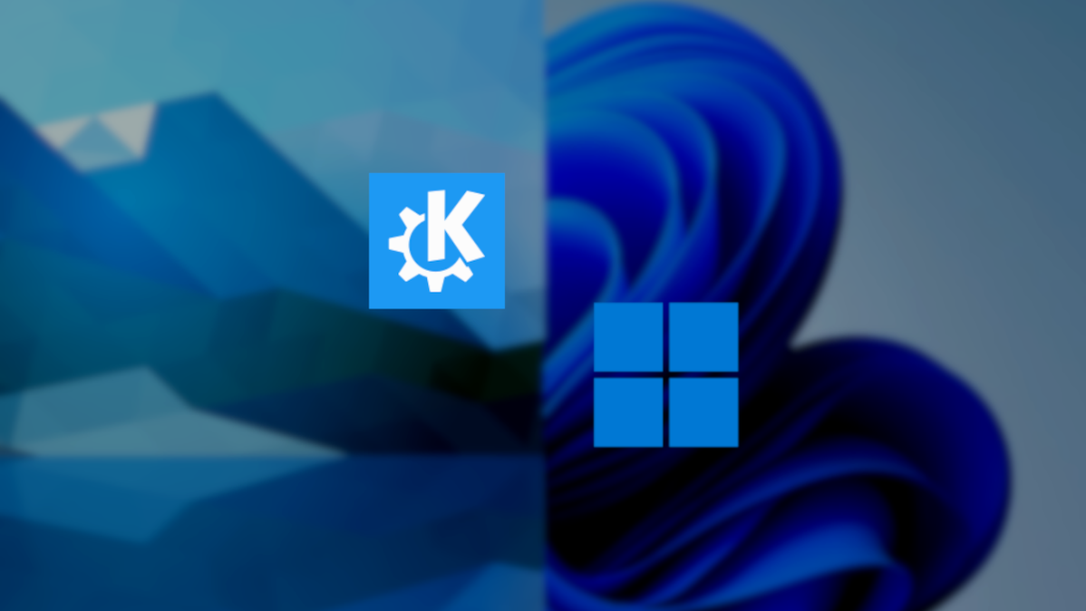 Logo KDE dan Windows 11 di atas gambar layar terpisah dari latar belakang desktop