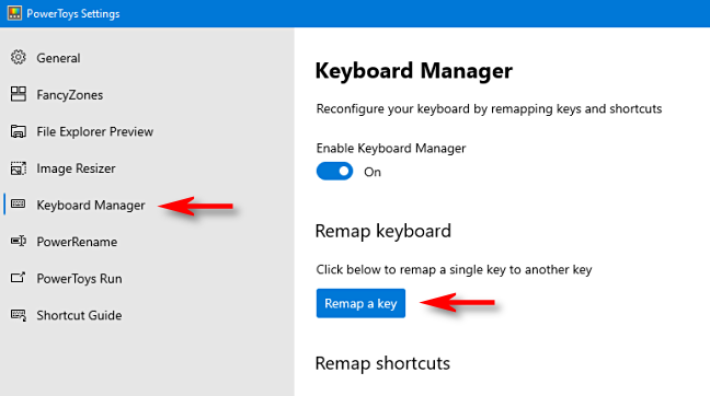Klik "Pengelola Keyboard" di bilah sisi, lalu klik "Petakan Ulang Kunci".