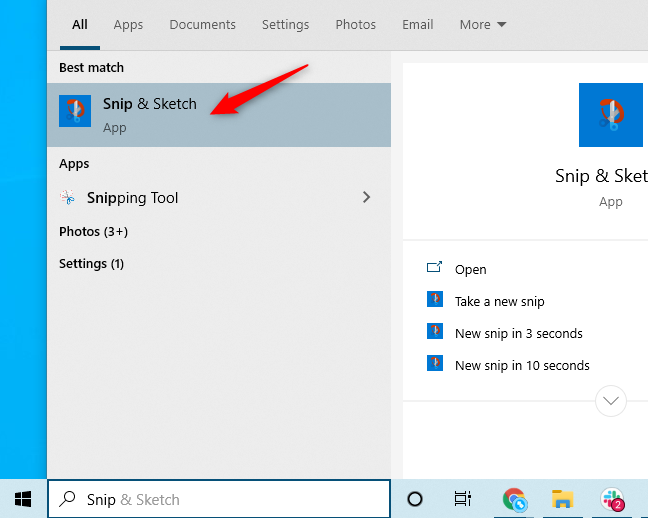 Pintasan aplikasi "Snip & Sketch" di menu Mulai Windows 10.