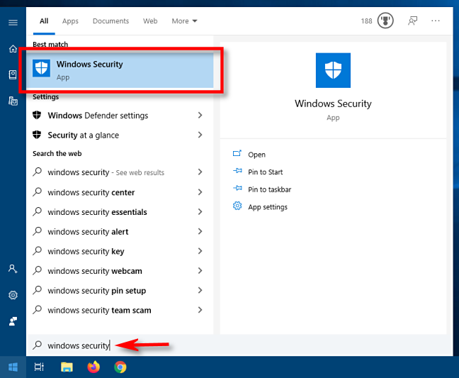 Luncurkan Keamanan Windows dari menu Mulai di Windows 10