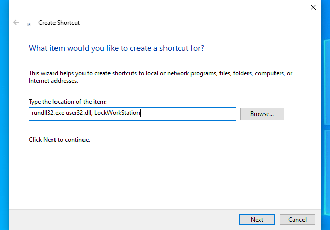 Membuat shortcut yang mengunci komputer di Windows 10.