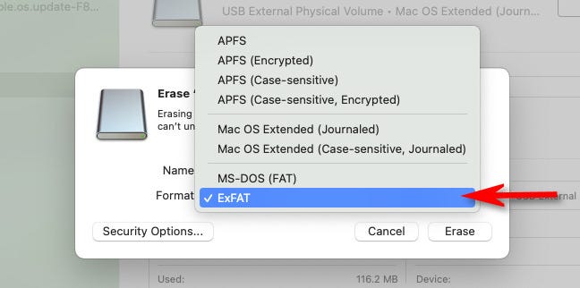 Dalam daftar format sistem file Utilitas Disk, pilih "exFAT."