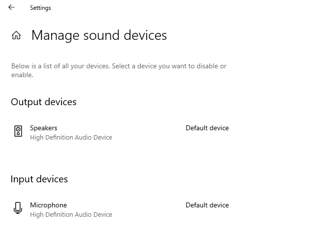 Mengelola perangkat suara default di aplikasi Pengaturan Windows 10.