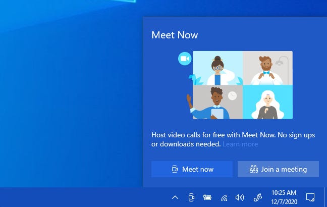 Munculan Meet Now di Windows 10.