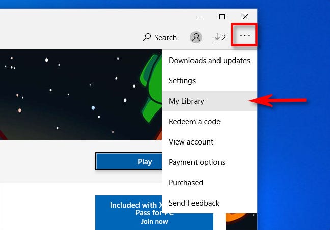 Di aplikasi Microsoft Store, klik tombol elips lalu pilih "Perpustakaan Saya".