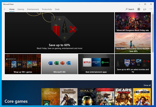 Contoh layar Beranda di Microsoft Store untuk Windows 10.