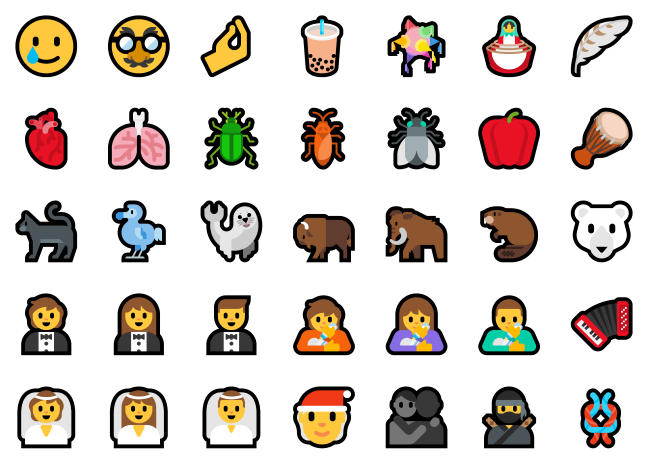 Beberapa emoji baru untuk Unicode 12.1 dan 13.0 di Windows 10.