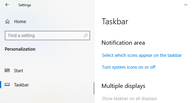Pilihan area notifikasi pada Windows 10 adalah layar Taskbar pengaturan.