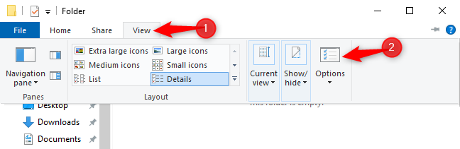 Membuka jendela Opsi Folder dari File Explorer di Windows 10