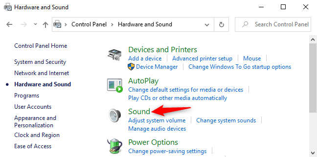 Membuka opsi Suara di Panel Kontrol Windows 10