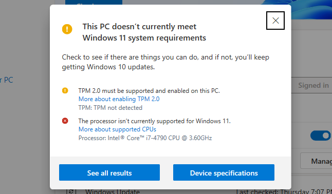 Kegunaan Pemeriksaan Kesehatan PC mengatakan PC saat ini tidak memenuhi persyaratan minimum Windows 11.