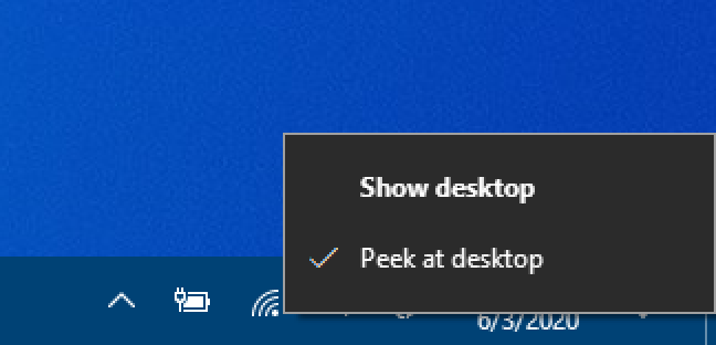 Windows 10 Tampilkan Tombol Desktop Menu Klik Kanan - Centang Di Samping Mengintip di Desktop