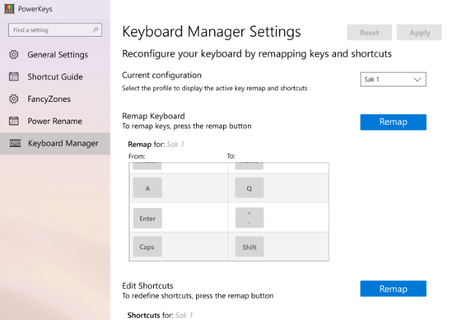 Versi awal pengaturan Manajer Keyboard di PowerToys.