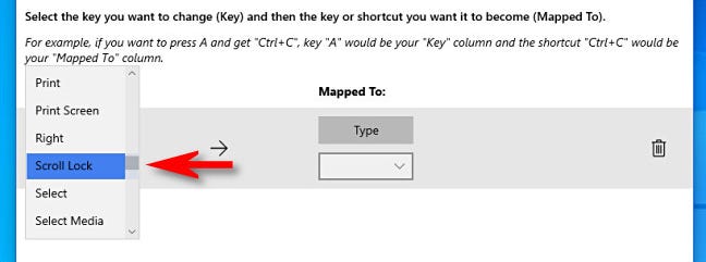 Di PowerToys, pilih kunci yang ingin Anda petakan ulang.