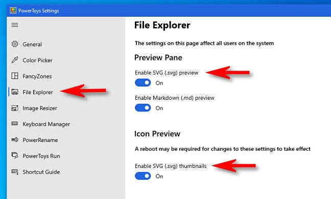 Buka Pengaturan PowerToys dan klik "File Explorer" untuk melihat opsi SVG.
