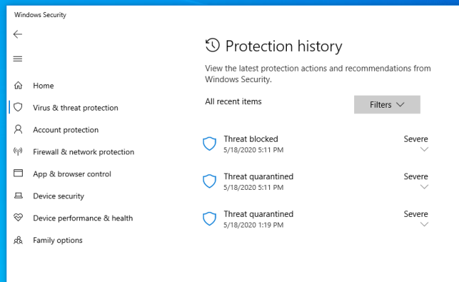 Daftar riwayat Perlindungan di Keamanan Windows di Windows 10
