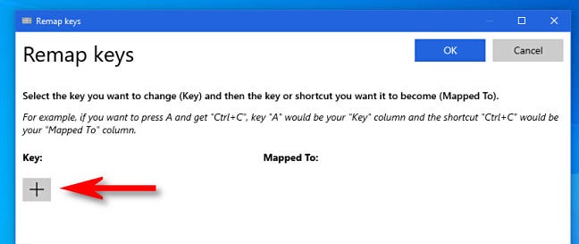 Di jendela "Remap keys" PowerToys, klik tombol plus.