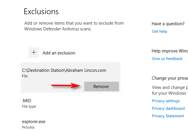 Menghapus pengecualian dari pengaturan pemindaian Windows Defender di Windows 10